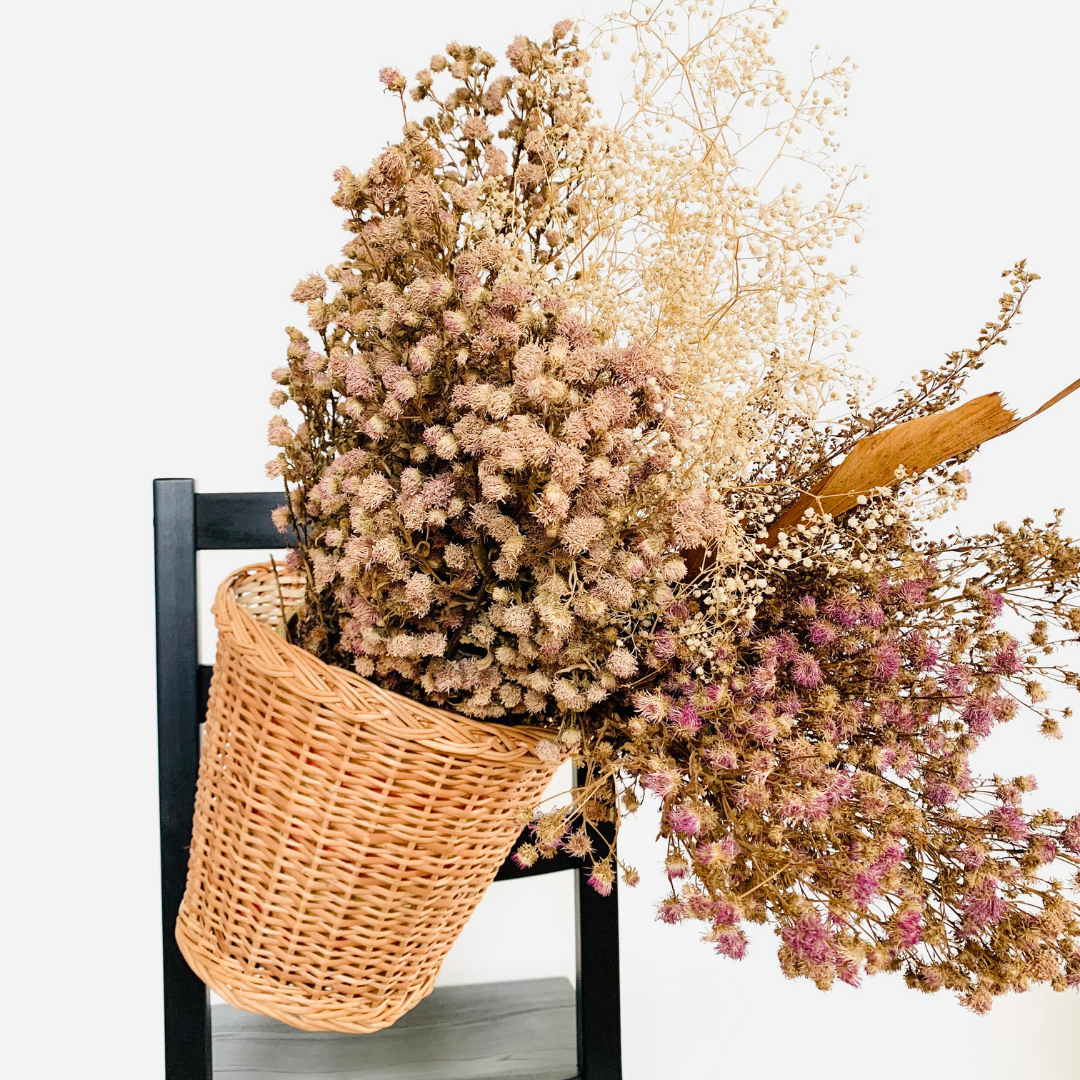 Dry flowers inside Round Hanging Wicker Planter